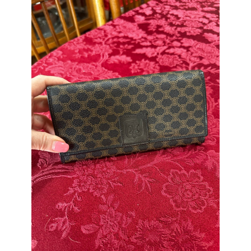 Celine Triomphe Black Brown Macadam Monogram Long Kisslock Wallet
